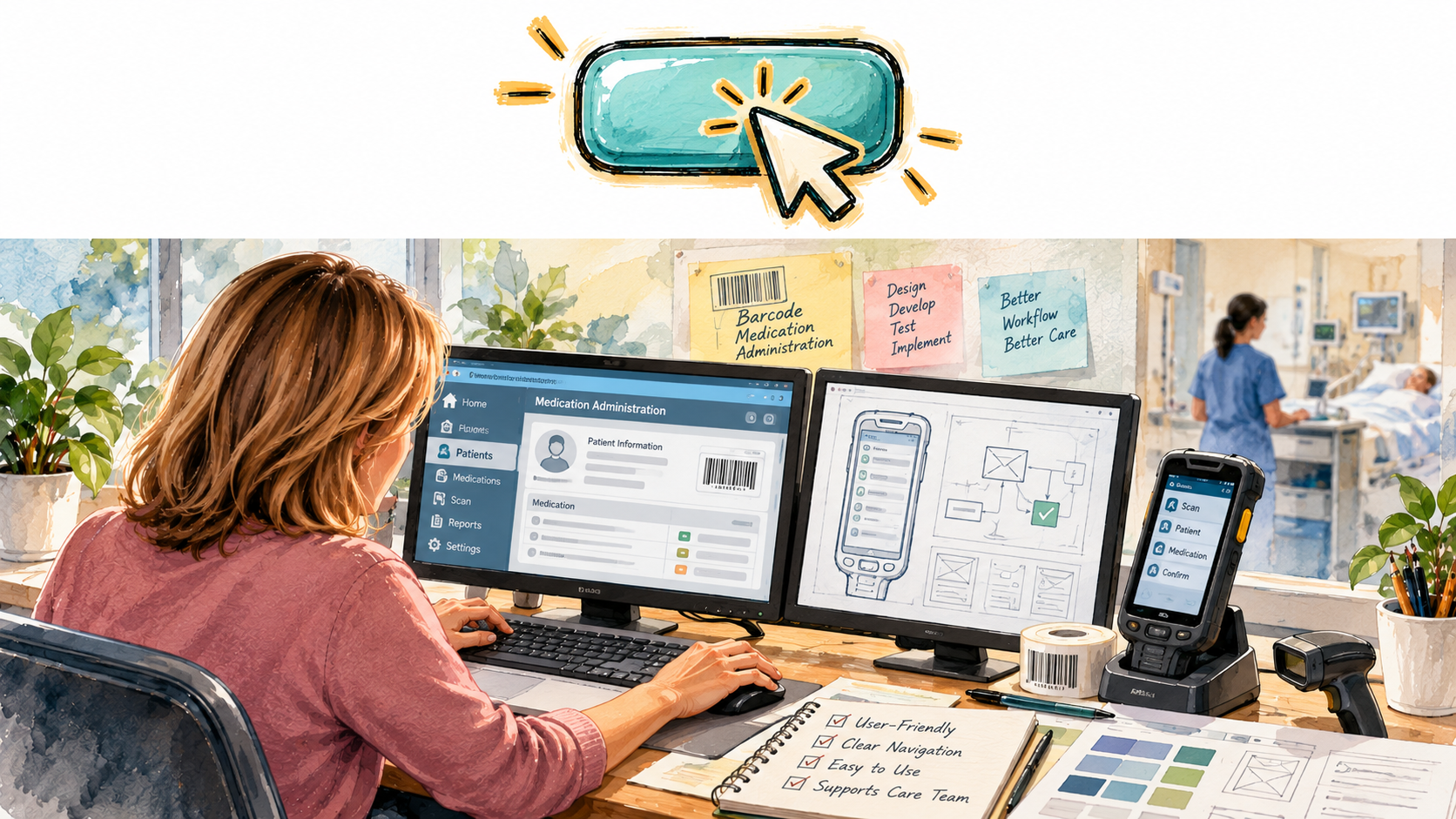 Watercolor illustration of a designer working on a medication administration UI with wireframes and a hospital scene in the background